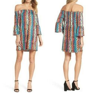 TRINA TURK Off Shoulder Flower Power Bell Sleeve Mini Dress